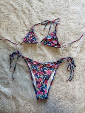 Bright Swimwear Floral Triangle String Bikini Set Size S Tie Side Cheeky